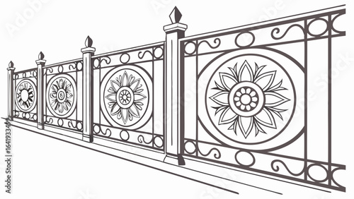 Ornate decorative metal fence with classic floral patterns. Elegant wrought iron railing illustration, black and white design.