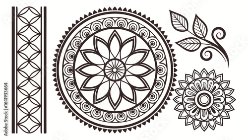 Mandala vector set with henna floral patterns, decorative ethnic ornaments, and Indian style outline designs collection.