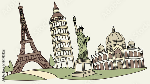 Global Travel and Tourism Concept with Famous World Landmarks Illustration. Eiffel Tower, Pisa, Statue of Liberty.