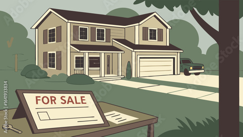 Real estate concept: House with For Sale sign, keys, and contract on table. Buying or selling a new home.