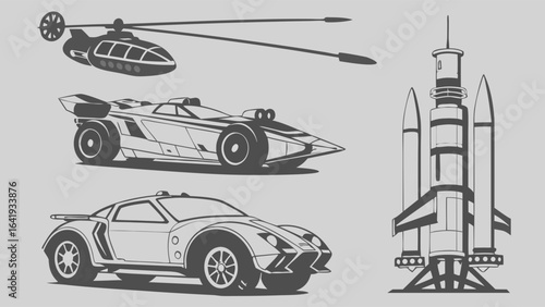 Modern futuristic vehicles collection with space rocket, helicopter, and fast sports cars. Advanced transport technology.