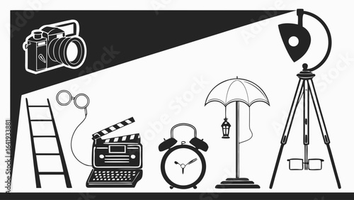 Film production and photography studio equipment set with camera, clapperboard, spotlight, and creative tools. Media concept.