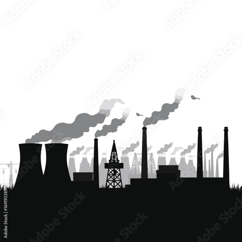 Industrial factory silhouette with smoke stacks and cooling towers 3