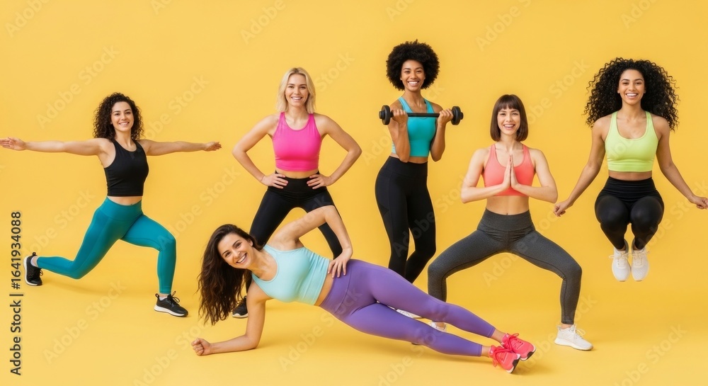 Naklejka premium A diverse group of happy women in colorful sportswear exercising together in a fitness class against a vibrant yellow background.