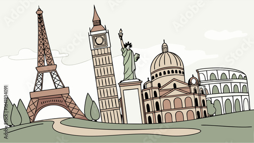Eiffel Tower, Pisa, Statue of Liberty, Colosseum. Famous World Landmarks Travel Illustration. Global Tourism Destinations.