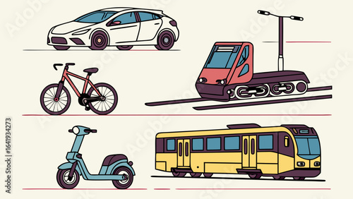 Transportation modes set. Car, bicycle, scooter, train, and futuristic monorail vehicles for urban travel.