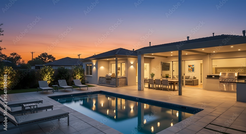 Modern backyard with a swimming pool, lounge chairs, and a covered patio area during twilight. Modern backyard with a swimming pool, lounge chairs, and a covered patio area during twilight.