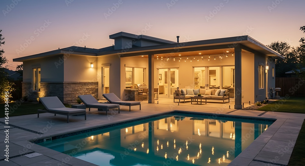 Fototapeta premium Modern backyard with a swimming pool, lounge chairs, and a covered patio area during twilight. - scenic perspective