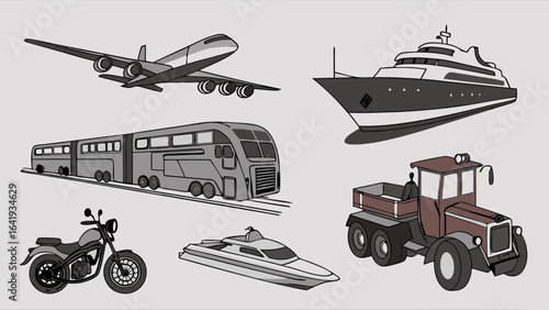 Set of various modes of transport including airplane, train, ship, truck, motorcycle, and boat. Travel and logistics.
