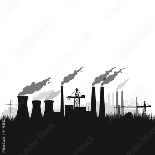 Industrial factory silhouette with smoke stacks and cranes