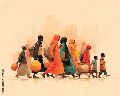 Group of refugees walking with belongings in search of safety, World Humanitarian Day visual