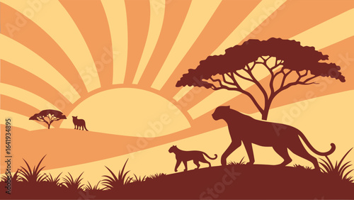 African Safari landscape with mother lioness and cub silhouettes at sunrise. Wildlife family in savanna.