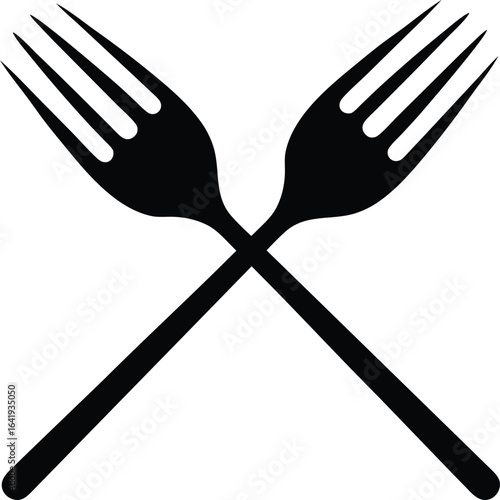 Two black forks crossed in an x shape isolated on white background silhouette