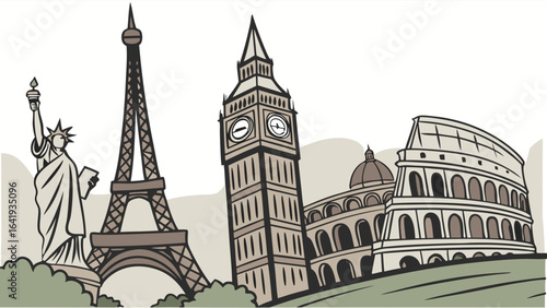 Iconic world landmarks for global travel and tourism. Famous international destinations and vacation sightseeing.