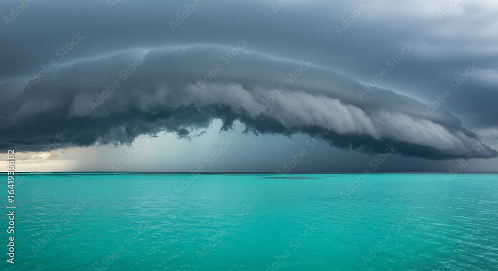 Fototapeta premium Dramatic storm clouds over a calm turquoise sea, capturing the contrast between the turbulent sky and serene water.