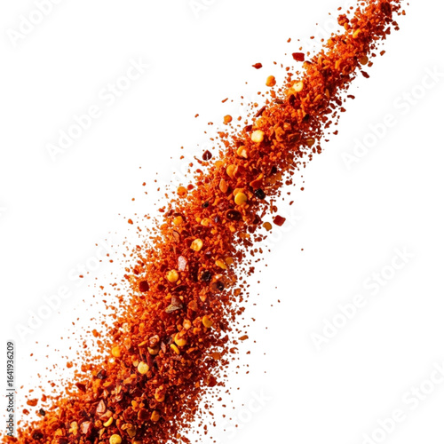 A stream of red chili flakes falling diagonally isolated on transparent background