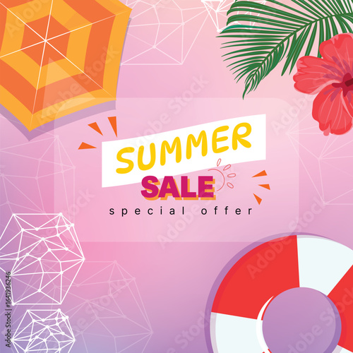 Beach scene with sun protection cream, SPF 50, palm shadows, sea, vacation skincare, tropical cartoon banner