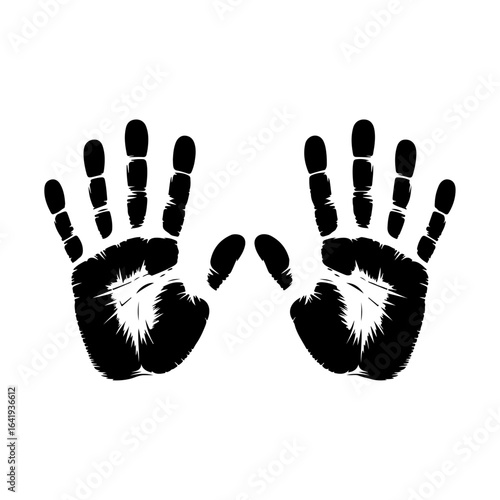 Two black handprints with detailed palm lines on a white background fingers imprint