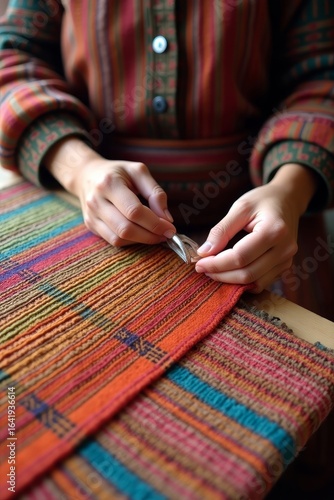 Artisan Hand Weaving Vibrant Multicolored Fabric – Traditional Textile Craftwork Close-Up