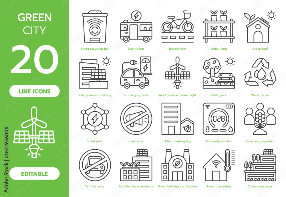Set of 20 green city line icons featuring eco-friendly transportation, smart recycling, eco building, urban farming, and green spaces. Ideal for sustainable city projects and environmental campaigns. Set of 20 green city line icons featuring eco-friendly transportation, smart recycling, eco building, urban farming, and green spaces. Ideal for sustainable city projects and environmental campaigns.