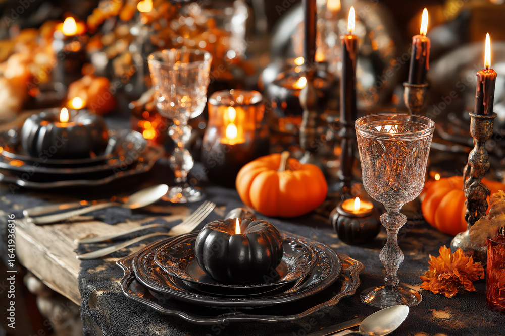 Naklejka premium Elegant Halloween-themed dinner table setup with black and orange decorations, candles, and wine glasses.