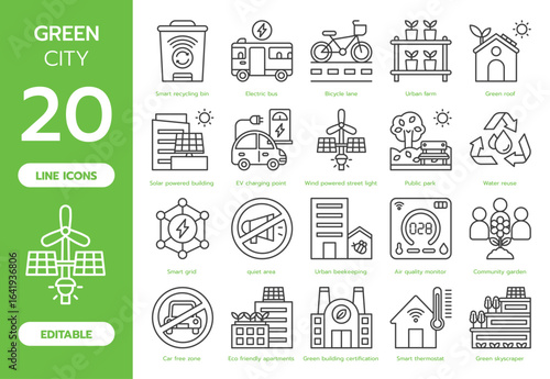 Set of 20 green city line icons featuring eco-friendly transportation, smart recycling, eco building, urban farming, and green spaces. Ideal for sustainable city projects and environmental campaigns.