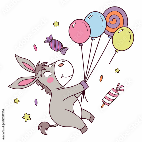 Cute Joyful Donkey, accessorized with floating with balloons, in a Birthday world – Candy Shop palette vector