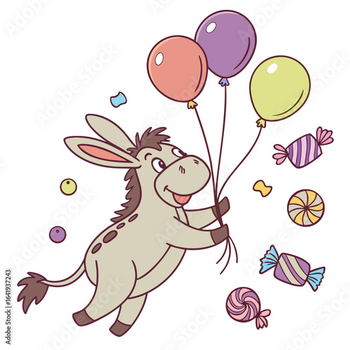 Cute Joyful Donkey, accessorized with floating with balloons, in a Birthday world – Candy Shop palette vector