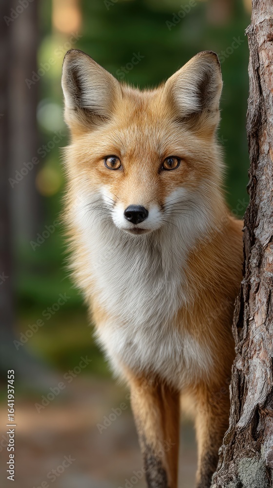 Obraz premium Close-up of a red fox with blue eyes peering from behind a pine tree, highlighting the lush forest and intricate fur patterns
