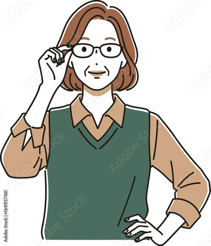 Illustration of mature woman adjusting her eyeglasses frame vector