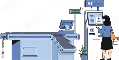 Ai self checkout illustration for retail and grocery store vector