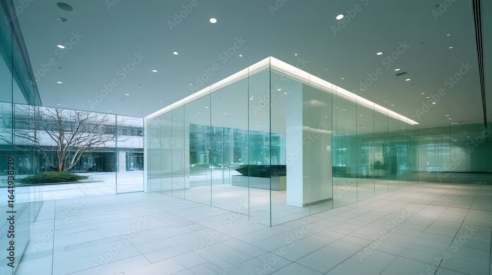 Obraz premium Modern Minimalist Office Building Interior with Glass Walls and Open Space for Corporate Concepts