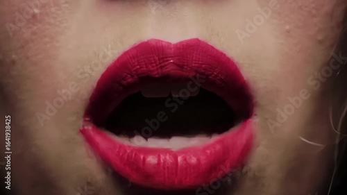 Macro Shot of Open Mouth with Vibrant Red Lipstick and White Teeth with Subtle Lighting
