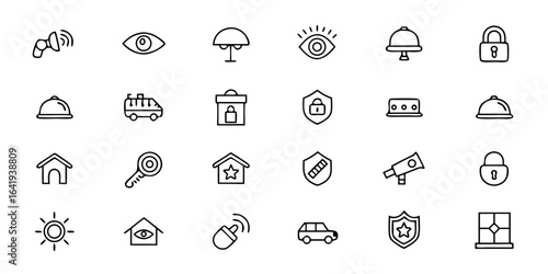 Physical Security & Surveillance Outline Icon Collection — CCTV, Smart Locks, Alarm Systems, and Access Control Vector Illustrations for Home, Office, and Public Safety