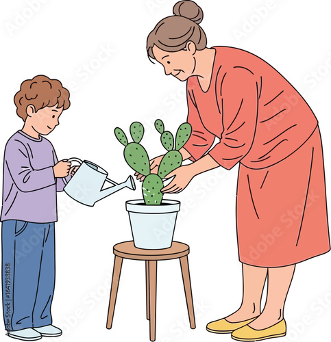 Grandma and grandson watering cactus plant illustration vector