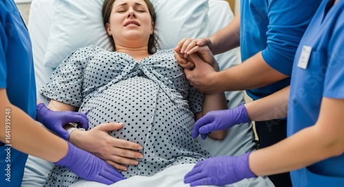 Caring medical team supporting pregnant woman during labor and delivery, showing compassion and teamwork in a modern hospital setting