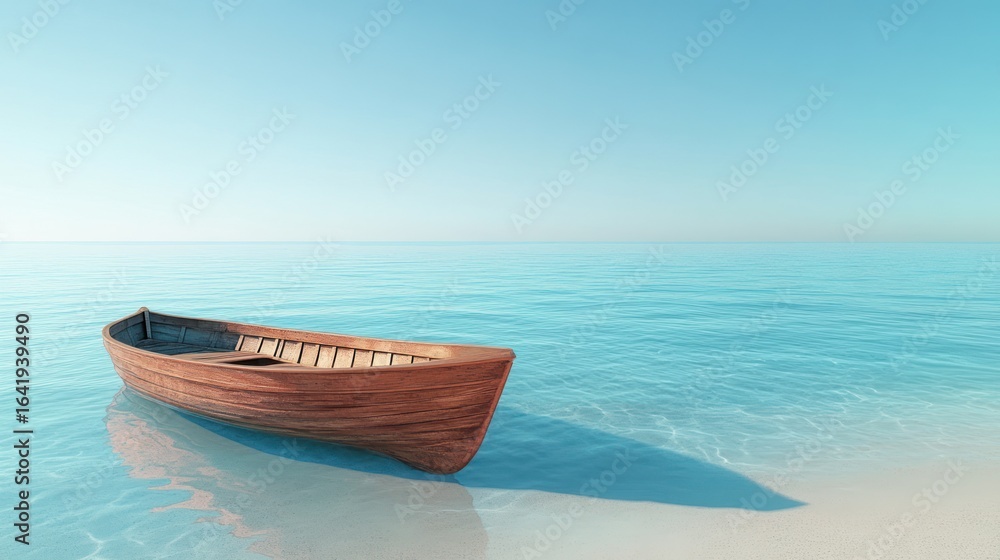 Naklejka premium Solitary wooden rowboat on tranquil ocean beach, serene sunrise; travel, vacation imagery