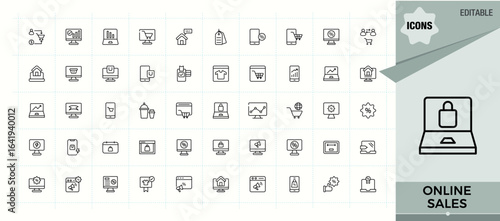 Online Sales vector line icon set. Minimalist editable vector stroke. Promotion line icon set. Contain linear sign shop, sale, market, service, marketing, promotion and more.