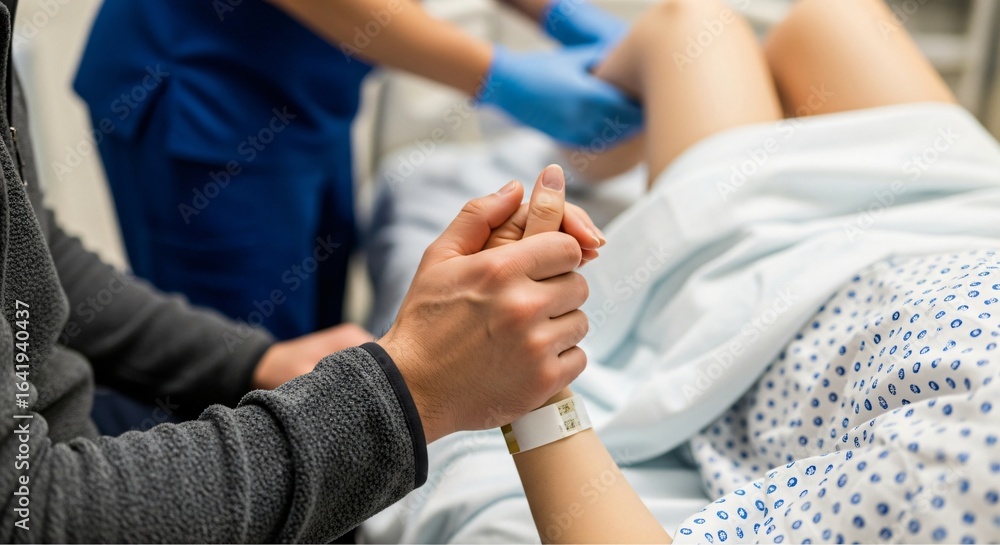 Fototapeta premium Supportive partner holding hand during childbirth with caring medical staff providing comfort and care in a hospital maternity ward