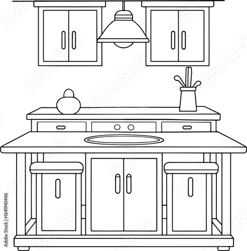 Detailed kitchen island line art illustration for coloring books and modern home furnishing projects