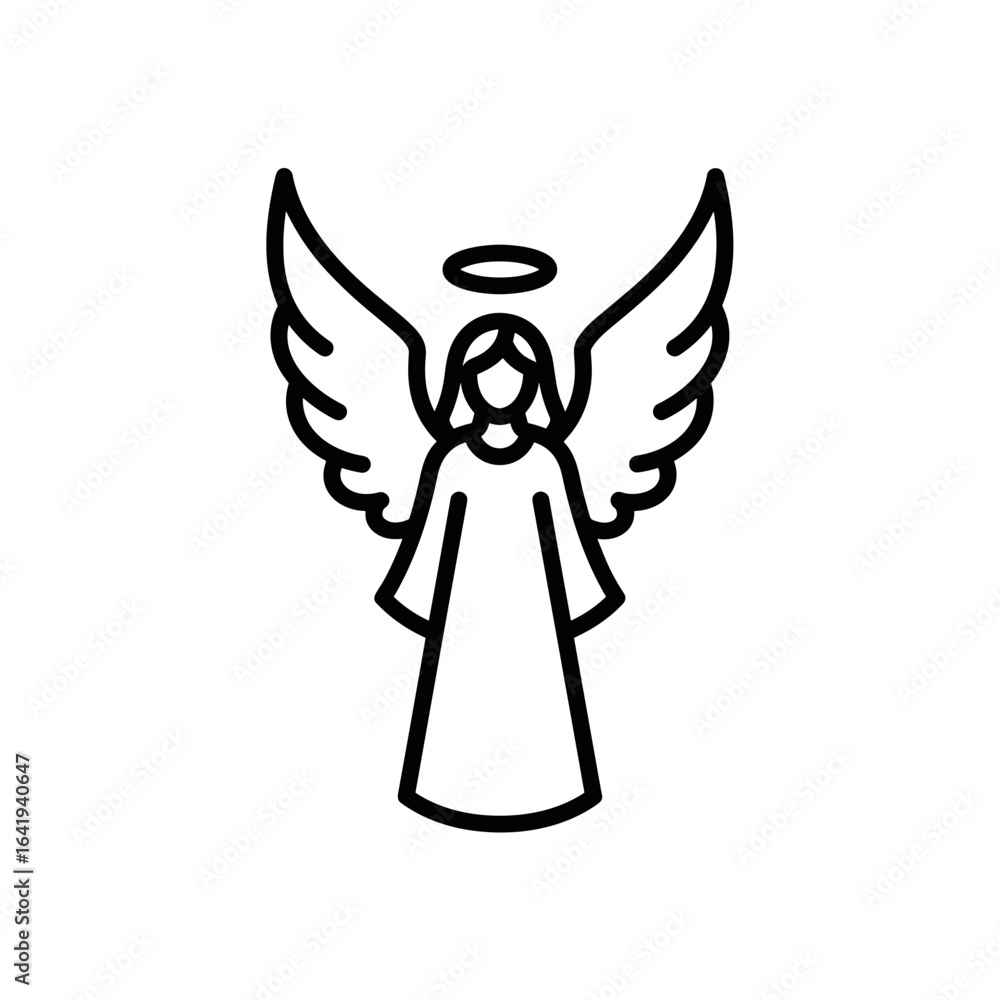 Fototapeta premium Line art angel with wings and halo in simplistic design icon Catholic Religion Outline Icons