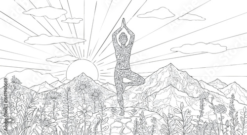 Serene Yoga Tree Pose in Mountain Sunrise. Detailed Line Art Illustration for Mindfulness, Wellness, and Inner Peace. Ideal for Relaxation and Creative Coloring Activities.