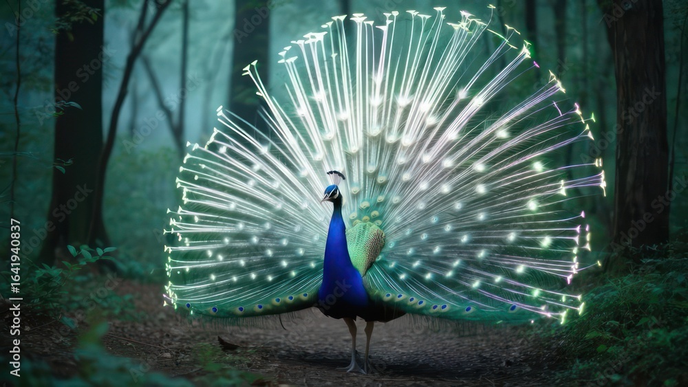 Obraz premium Peacock in forest with vibrant tail