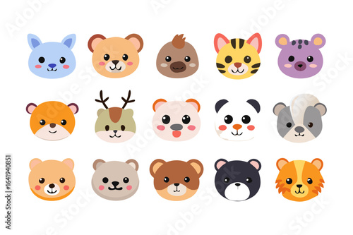 Collection of fifteen cartoon animal heads including bears tiger skunk and deer on a white background