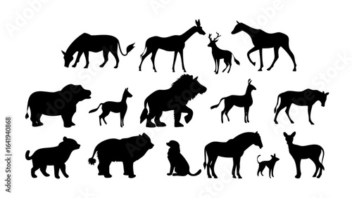 Silhouette collection featuring diverse animals including mammals and domestic pets in black