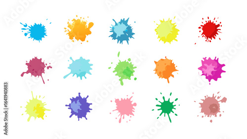 Collection of fifteen colorful paint splatters scattered on a white background in a random arrangement