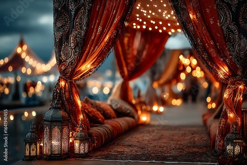 Luxurious Indian wedding arch glowing at sunset high resolution picture