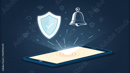 Smartphone displaying security alert with shield and alarm bell icons