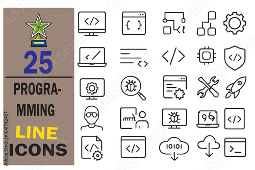 Set of 25 Programming Line Icons Representing Software Development Concepts and Tools for Developers and Coders