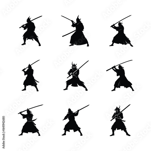 Silhouettes of Samurai Warriors in Action Poses